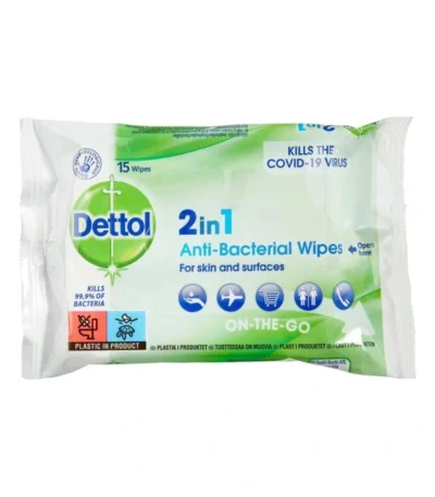 Dettol 2i1 Antibacterial Wipes – 15 stk
