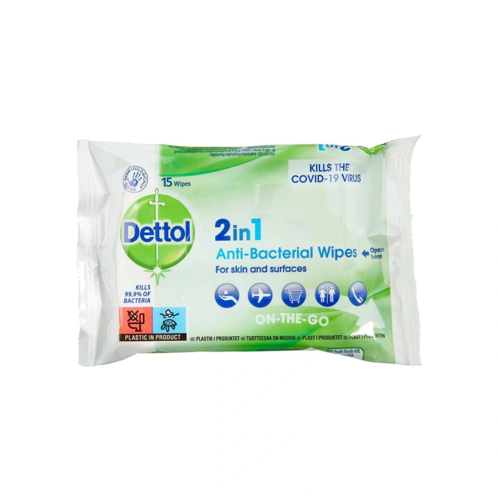 Dettol 2i1 Antibacterial Wipes - 15 stk